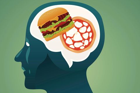 Illustration eines Kopfes mit Burger und Pizza im Gehirn