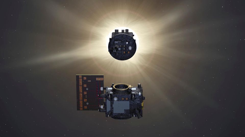 Raumfahrt: 150 Meter trennen die Sonde Proba-3 und den Occulter-Satelliten. Um ihre Mission zu erfüllen, müssen sie exakt synchron fliegen 150 Meter trennen die Sonde Proba-3 und den Occulter-Satelliten. Um ihre Mission zu erfüllen, müssen sie exakt synchron fliegen