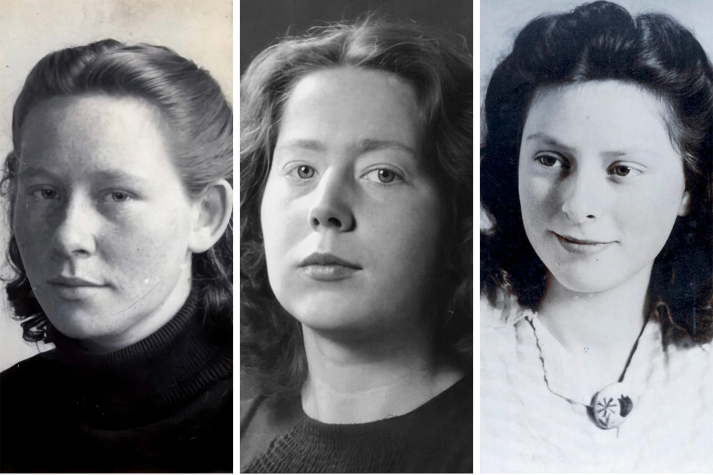 Porträtfotos von drei jungen Frauen mit mittellangen, gescheitelten Haaren, schwarz-weiß, 1940er Jahre