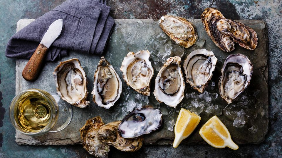 Muscheln essen: geöffnete Austern auf Eis mit Zitronenscheiben
