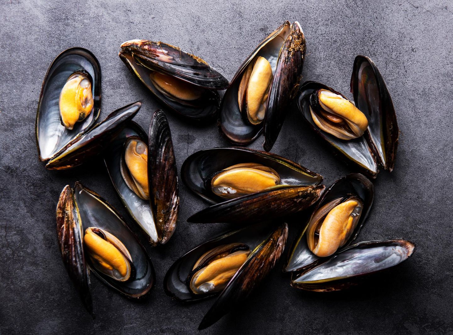 Muscheln essen: geöffnete Miesmuscheln
