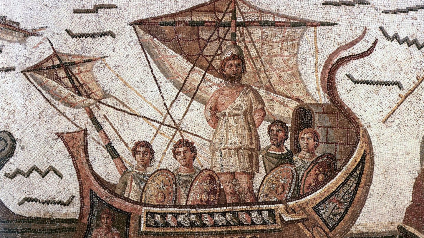 Römisches Mosaik eines Mannes, der an den Mast eines Segelbootes gefesselt ist