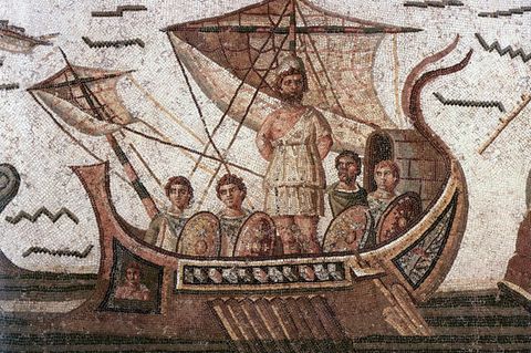 Römisches Mosaik eines Mannes, der an den Mast eines Segelbootes gefesselt ist