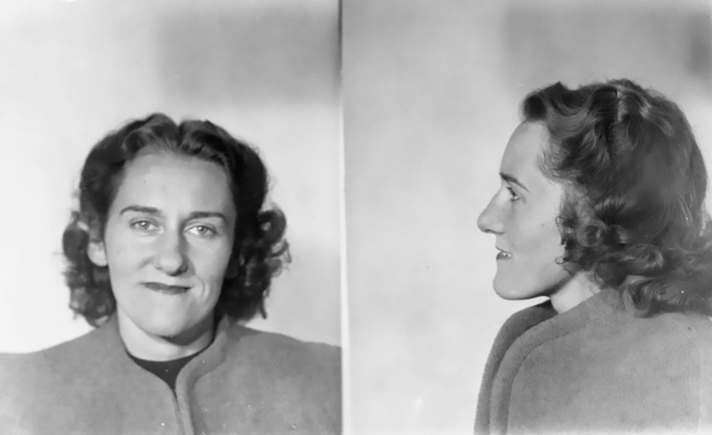 Porträt und Profilfoto einer Frau mit halblangen Haaren und leichtem Lächeln, schwarz-weiß, um 1945
