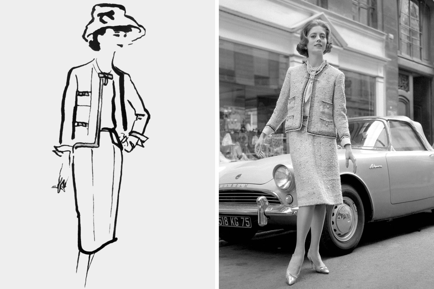 Comeback in Amerika In der Nachkriegszeit ist Chanel erstmal abgemeldet. Als sie in den 1950er-Jahren ein Comeback versucht, floppt ihre Kollektion in Europa, wird von den Kritikern als altbacken verpönt. Die Amerikaner aber lieben ihre schmal geschnittenen Kostüme, die sie in ihren typischen Skizzen hinwirft (links; rechts ein Model 1961). Und was ihr besonders hilft: Jacky Kennedy, die amerikanische First Lady, Frankreichliebhaberin und zeitweise meistfotografierte Frau der Welt, trägt bei ihren großen Auftritten gern Chanel.