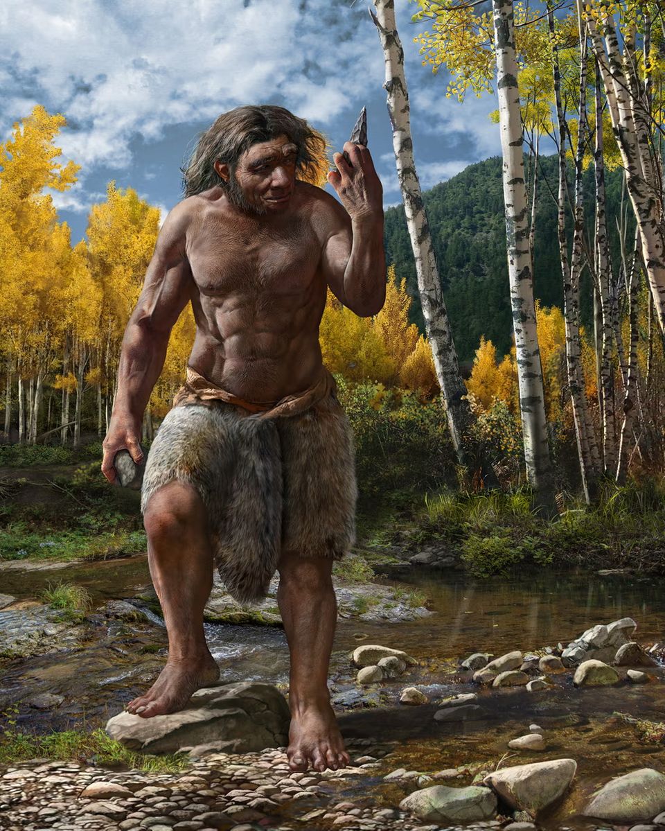 Darstellung des Denisova-Menschen in seinem prähistorischen Lebensraum. Wie moderne Menschen und Neandertaler dürfte er Werkzeuge gebraucht haben