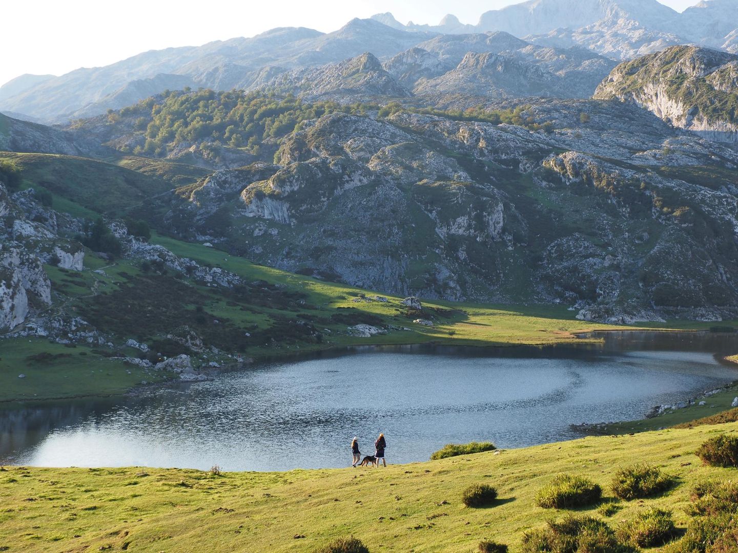 Mit Kind und Kegel: Zu den Seen von Covadonga Menschen mit Hund am See von Covadonga