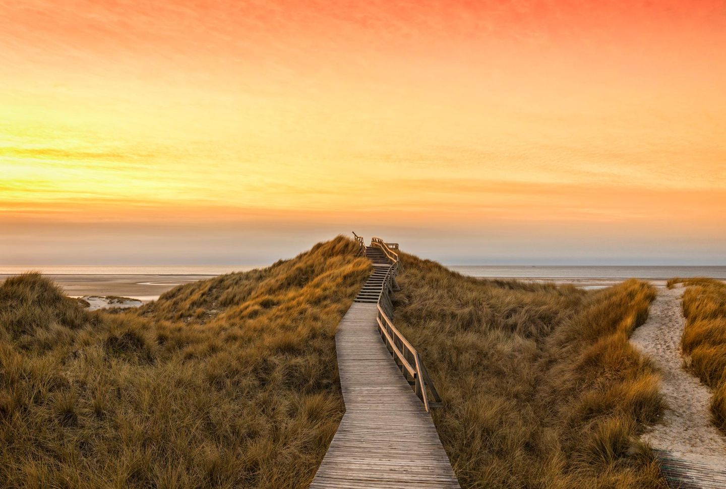 Wooden path and stairs crossing the dunes to the beach of Norddorf on the German North Sea island of Amrum in sunset