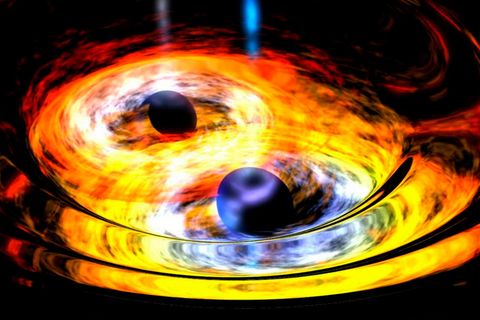 Immer enger umkreisen Schwarze Löcher einander, bis sie schließlich ineinanderfallen und zu einem noch größeren Schwarzen Loch fusionieren