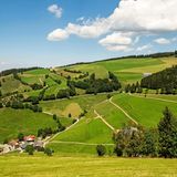 Aussicht vom Belchensteig auf landwirtschaftliche Nutzflächen im Schwarzwald