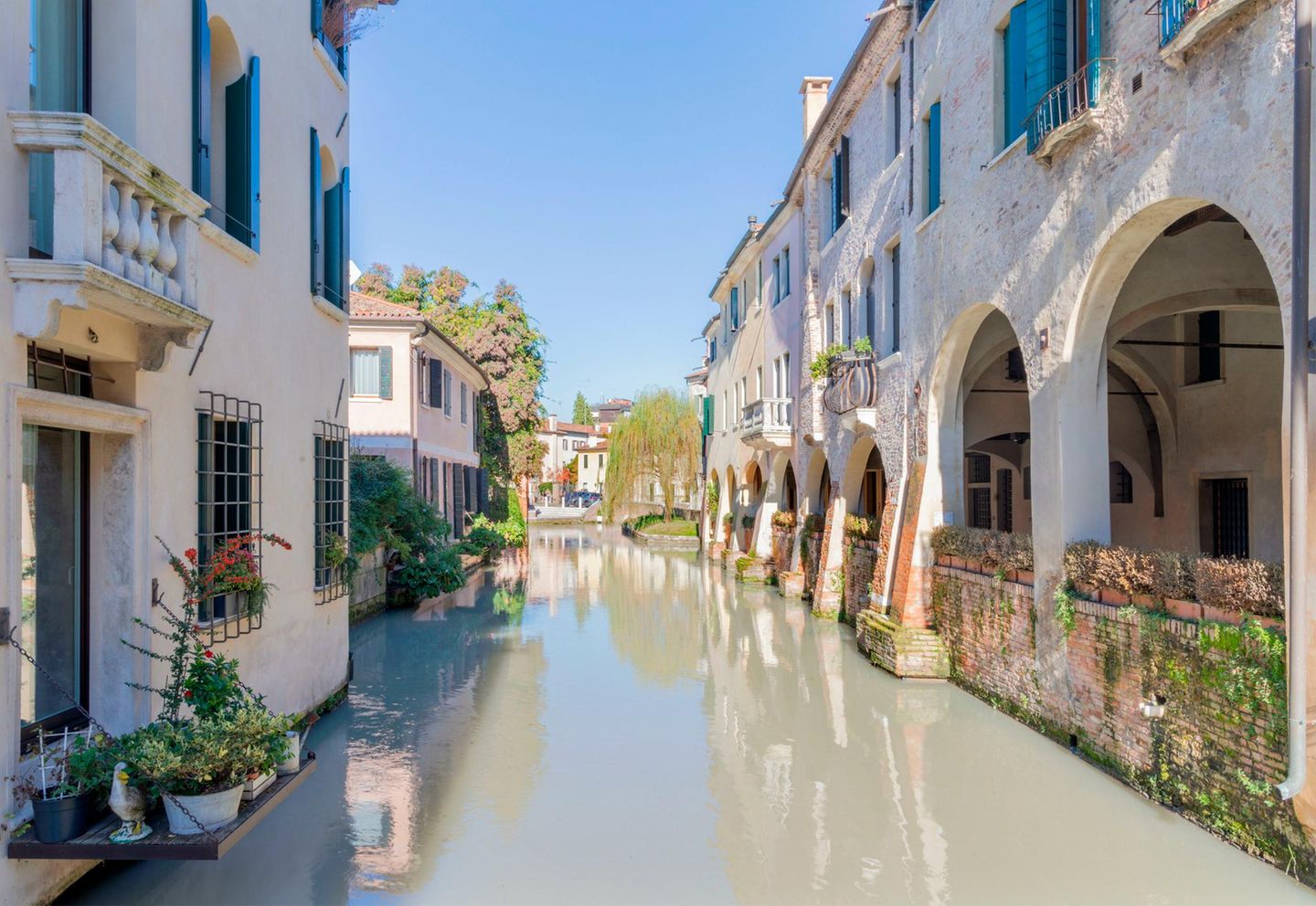 Süße Kleinstadt: entspanntes Venedig-Flair in Treviso Kanal in Treviso, links und rechts Häuserfassaden