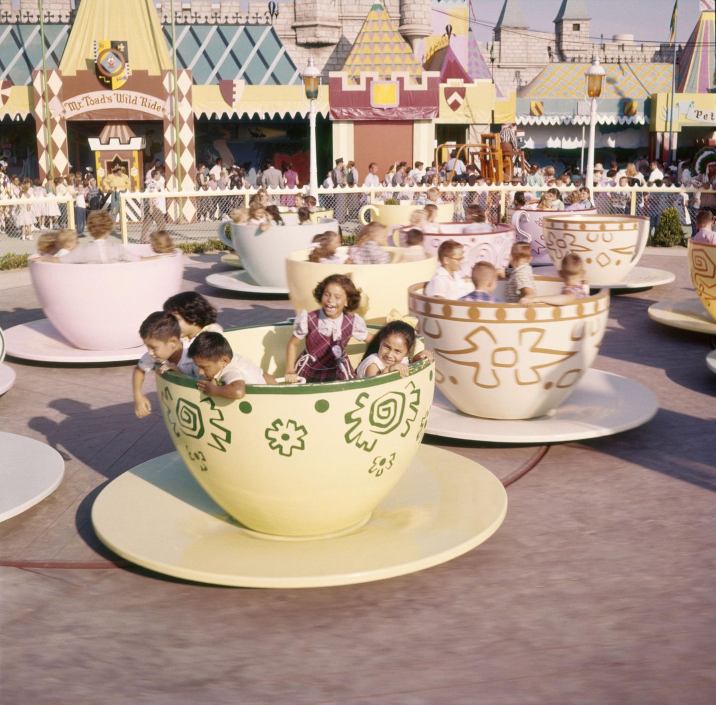 Vom Roman inspieriert Kinder fahren im Teetassenkarussell in Disneyland, Anaheim