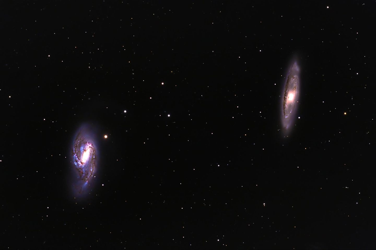 Die beiden Spiralgalaxien M 66 (links) und M 65 (rechts) befinden sich 29 und 32 Millionen Lichtjahre von uns entfernt im Sternbild Löwe. Gemeinsam mit NGC 3628 (nicht im Bild) bilden sie das Leo-Triplet. M 66 ist mit seinem Durchmesser von etwa 100.000 Lichtjahren bereits mit einem lichtstarken Fernglas zu sehen. M 65 ist mit rund 90.000 Lichtjahren etwas kleiner. 