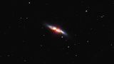 Auf die Spiralgalaxie M 82 blicken wir von der Seite. Den Spitznamen verdankt sie ihrer länglichen Gestalt, aber auch ihrer starken Starburst-Aktivität: In kurzer Zeit bilden sich in ihr immens viele junge neue Sterne. Ausgelöst hat dies vermutlich eine enge Begegnung mit der Nachbargalaxie M 81. Senkrecht zur Scheibe sehen wir auffällige Gasausflüsse und kosmische Staubstreifen – solche besonderen Merkmale machen M 82 zu einem beliebten Fotoobjekt für Astrofotografen wie Bruno Mattern.