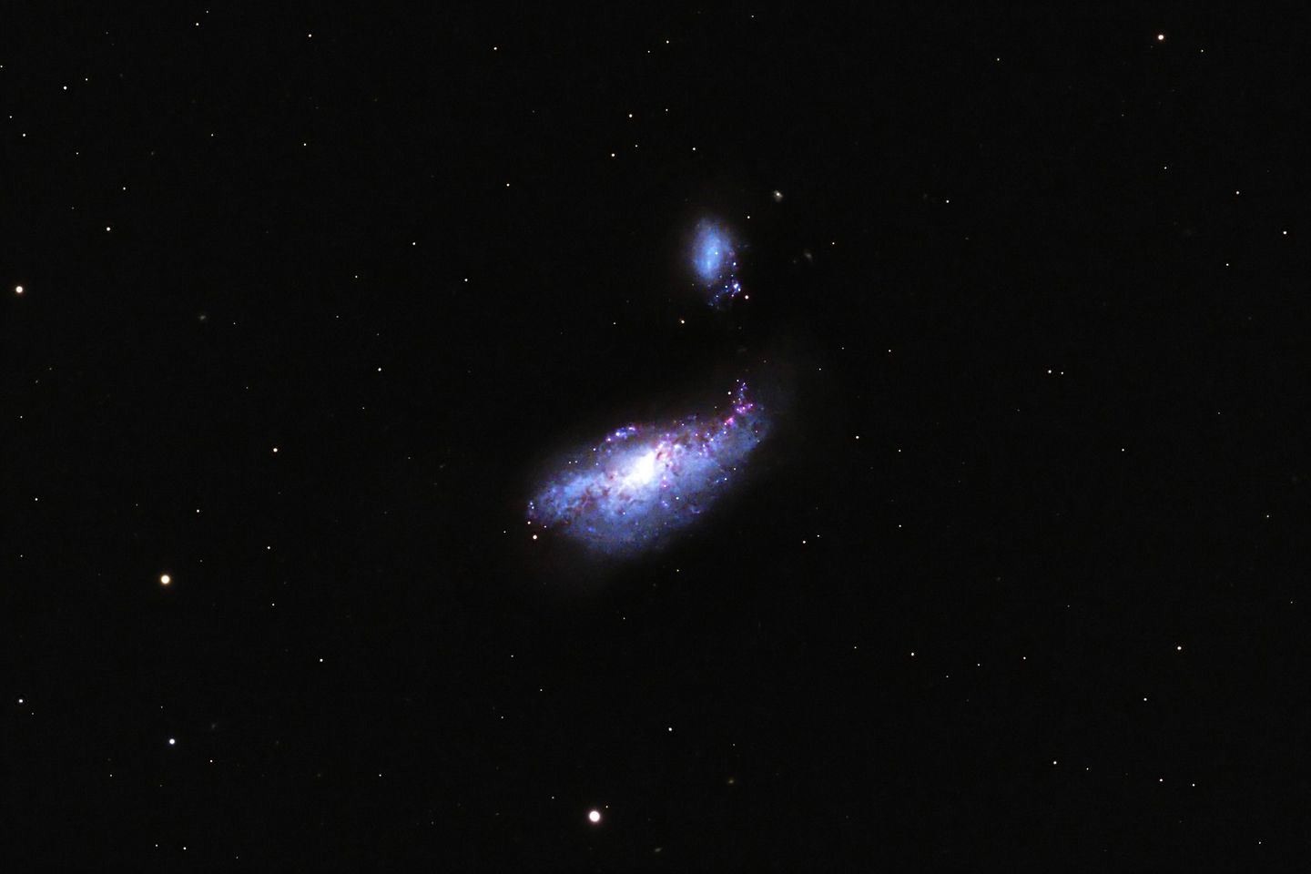 Etwa 24 Millionen Lichtjahre von unserer Heimatgalaxie entfernt befindet sich die irreguläre Zwerggalaxie NGC 4485 (das kleinere Objekt). Ursprünglich war sie eine gewöhnliche Spiralgalaxie. Doch eine enge Begegnung mit der Galaxie NGC 4490 (das größere Objekt) veränderte ihr Erscheinungsbild stark. Nun verbindet eine langgestreckte Stern- und Gasregion die beiden Galaxien wie eine Brücke. Das kosmische Phänomen, als Gezeitenarm bezeichnet, erstreckt sich über 24.000 Lichtjahre.