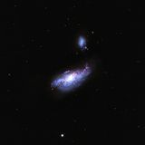Etwa 24 Millionen Lichtjahre von unserer Heimatgalaxie entfernt befindet sich die irreguläre Zwerggalaxie NGC 4485 (das kleinere Objekt). Ursprünglich war sie eine gewöhnliche Spiralgalaxie. Doch eine enge Begegnung mit der Galaxie NGC 4490 (das größere Objekt) veränderte ihr Erscheinungsbild stark. Nun verbindet eine langgestreckte Stern- und Gasregion die beiden Galaxien wie eine Brücke. Das kosmische Phänomen, als Gezeitenarm bezeichnet, erstreckt sich über 24.000 Lichtjahre.