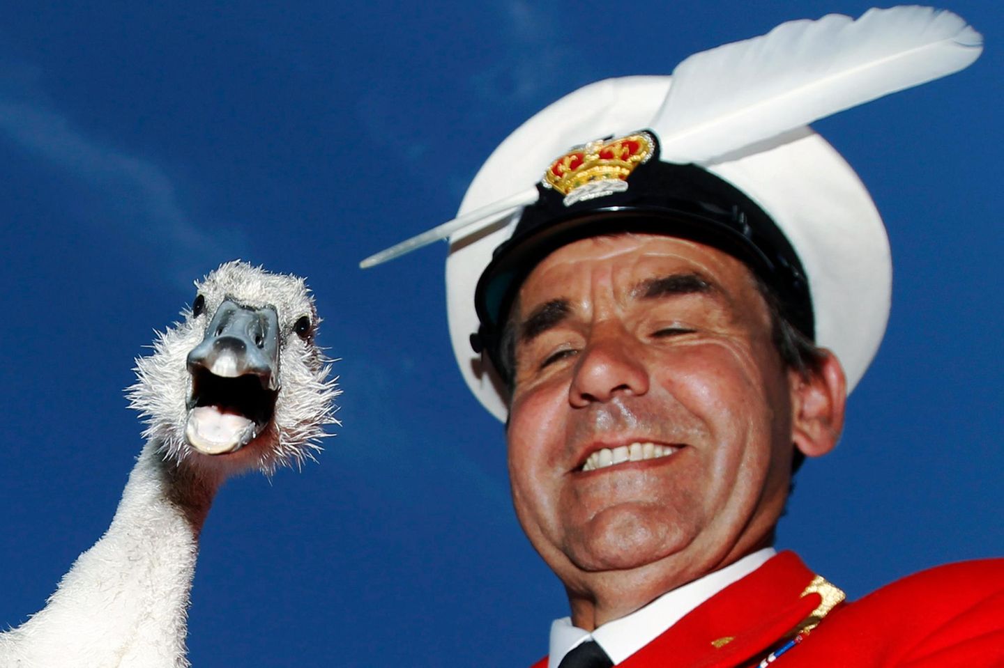 Swan Marker David Barber und ein Schwan grinsen in die Kamera