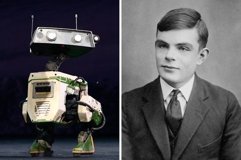 Turing-Test: Der Roboter NVIDIA Isaac GROOT N1 (links) und ein Porträt Alan Turings