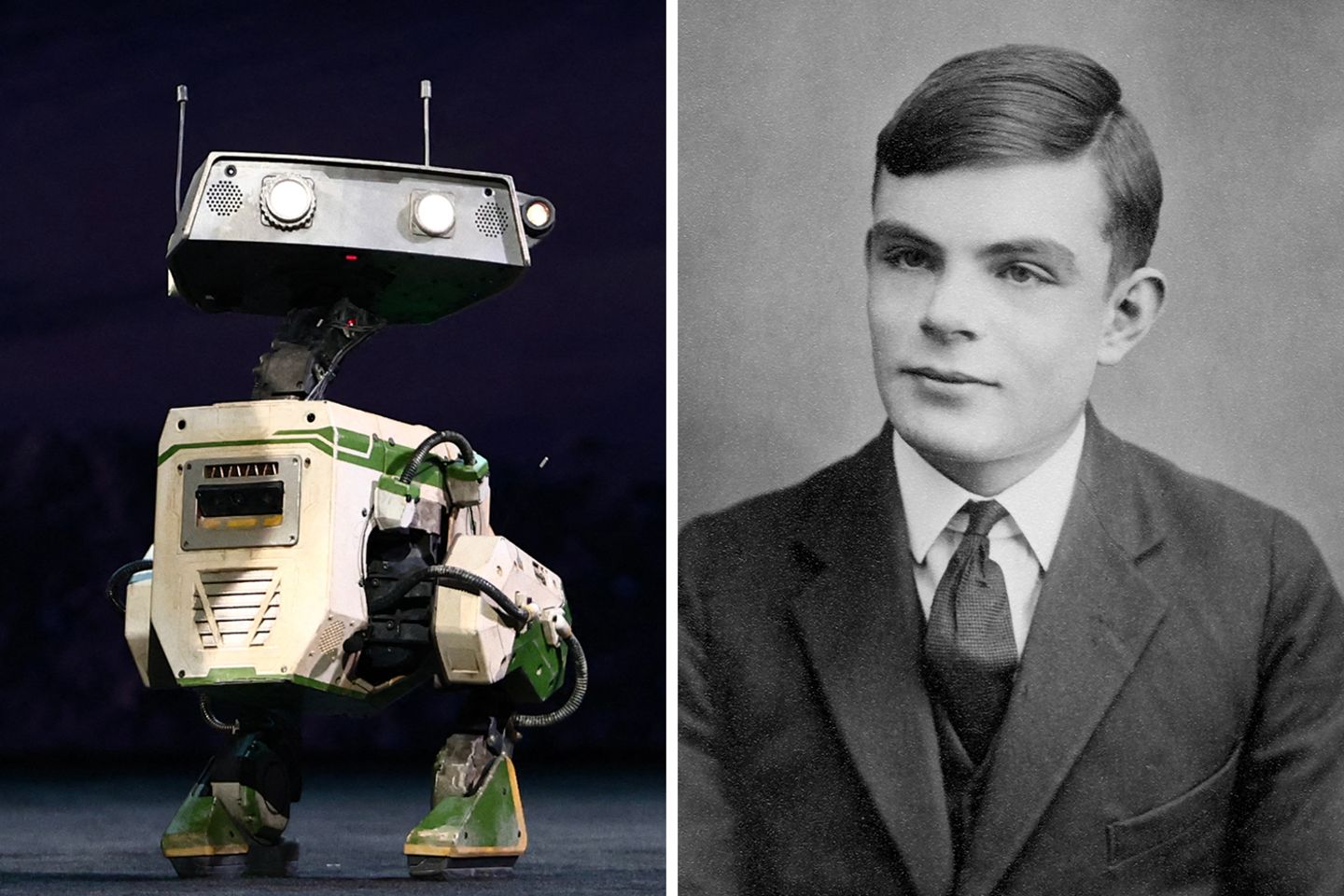 Turing-Test: Der Roboter NVIDIA Isaac GROOT N1 (links) und ein Porträt Alan Turings