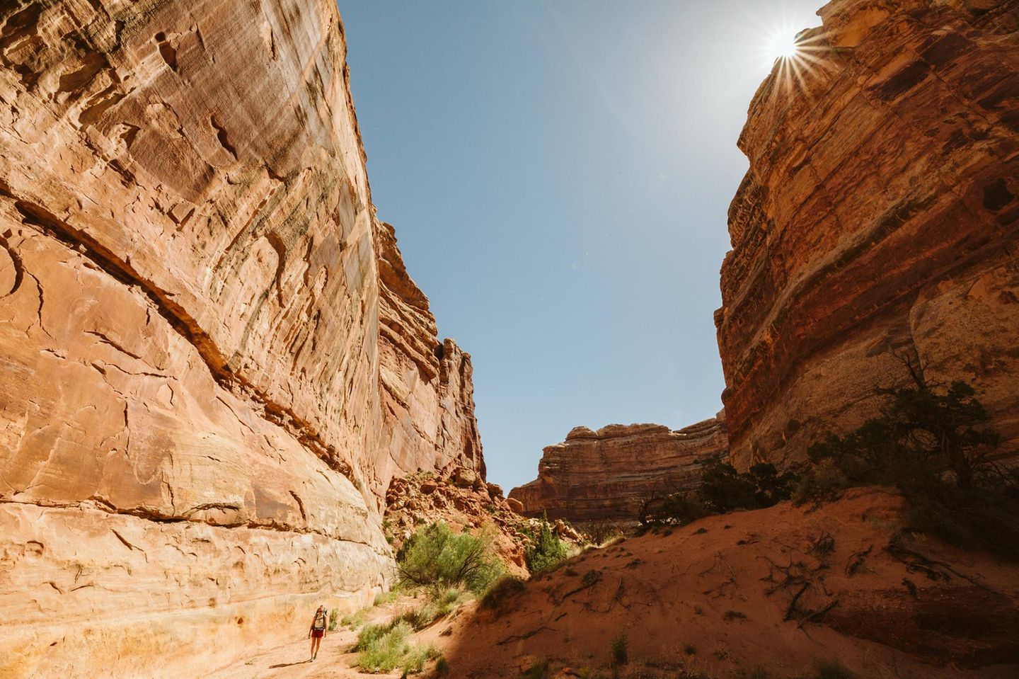 The Maze, USA Eine Wanderin in einer Felslandschaft im "The Maze" in Utah, USA