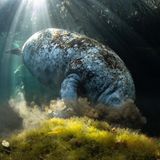 Eine Seekuh grast friedlich unter Wasser, eingebettet zwischen den verschlungenen Wurzeln eines Mangrovenwaldes.