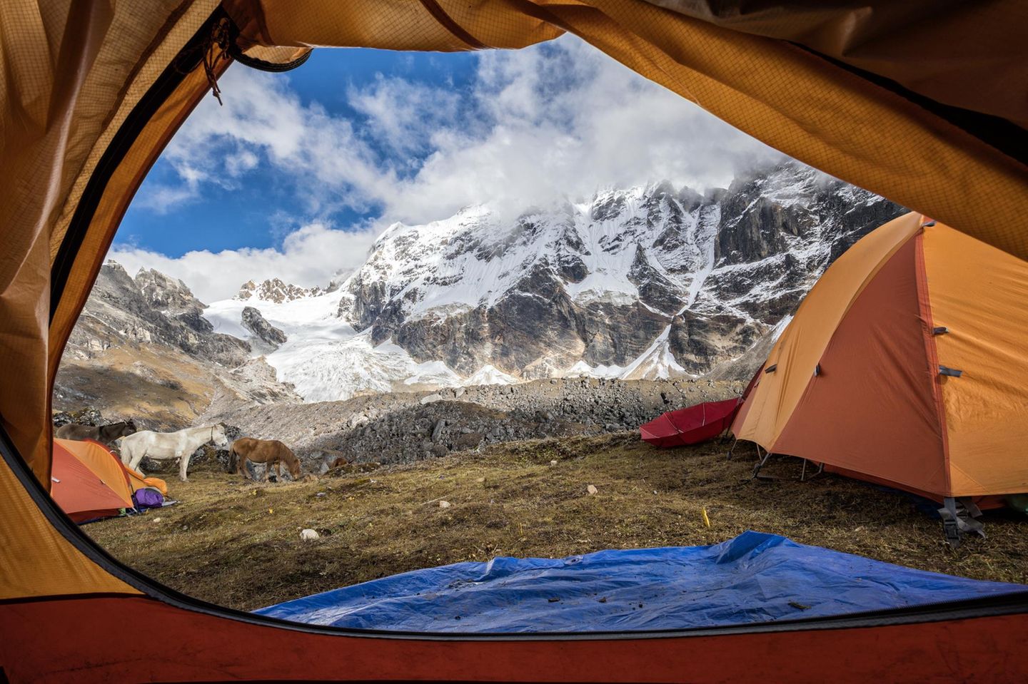 Snowman Trek, Bhutan Der Blick aus dem Zelt auf die Berge