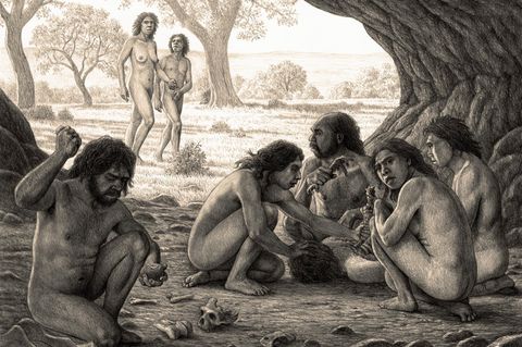 Homo antecessor verspeist einen Artgenossen. Sie sitzen in einer Höhle