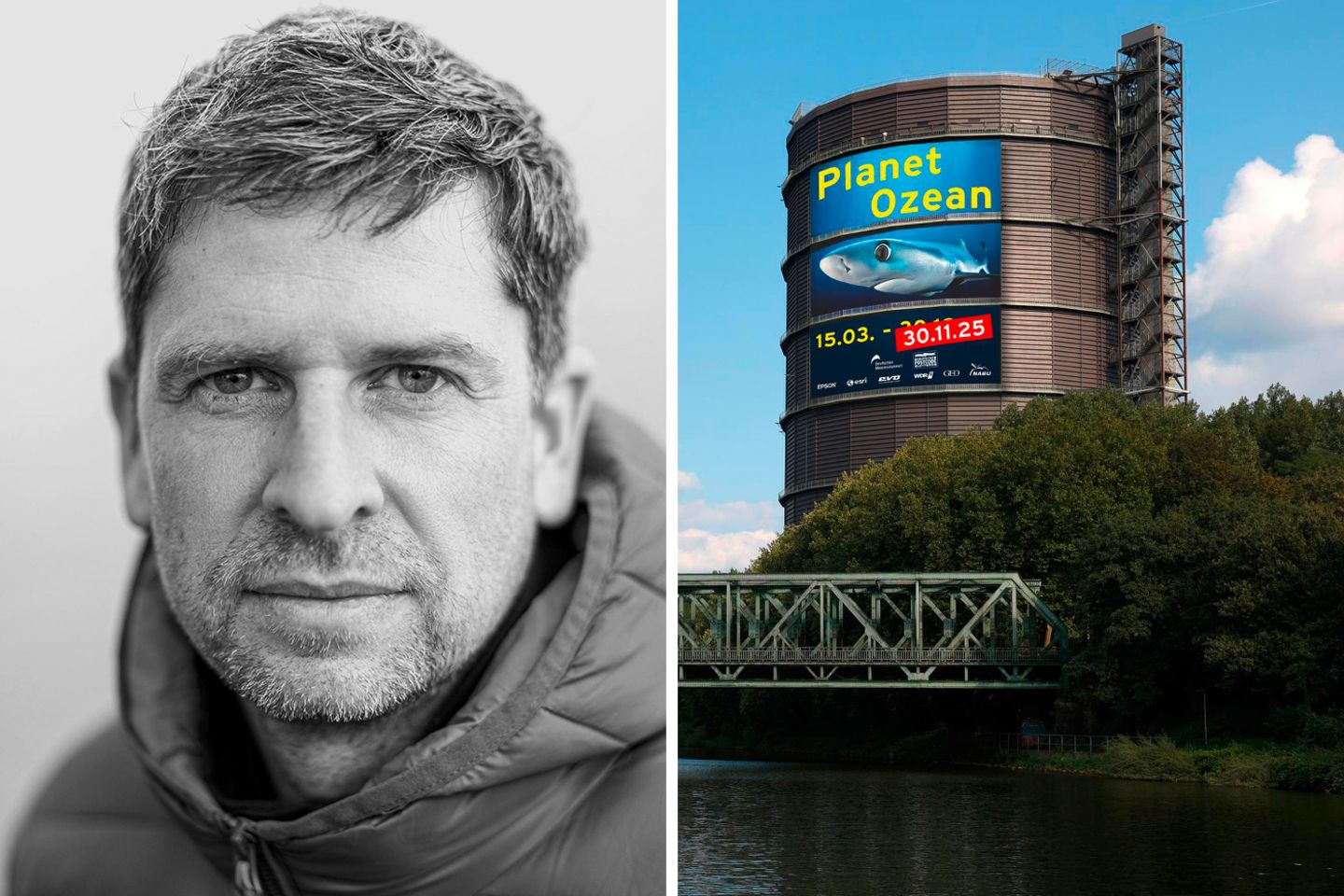 Unterwegs auf den Weltmeeren: Kommen Sie mit! Lars Abromeit und Gasometer mit Plakat