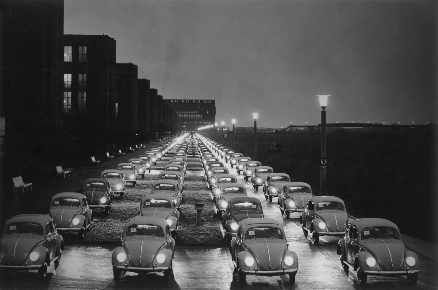 Käfer fahren über eine Straße in den 1950er-Jahren
