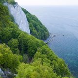 Königsstuhl, Kreidefelsen und frühlingshaft grüner Buchenwald, Blick aufs Meer,