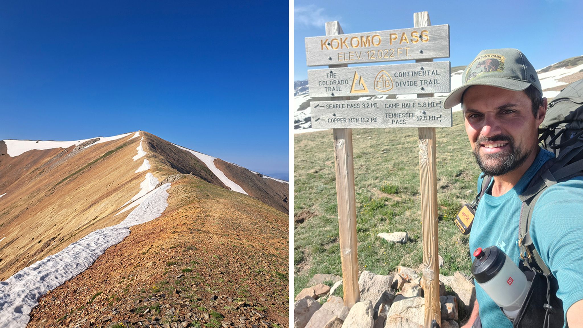 Links ein Berg und Rechts Robert Stiepani auf einem Pass