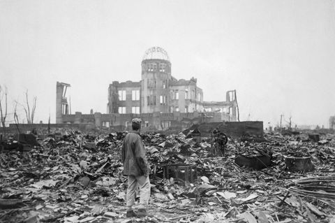 The wrecked framework of the Museum of Science and Industry in Hiroshima as it appeared shortly after the blast. City officials recently decided to preserve this building as a memorial though they had at first planned to rebuild it.