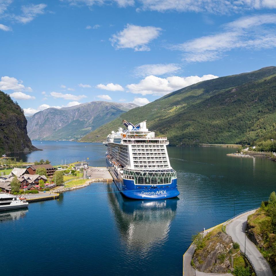 Angelegtes Kreuzfahrtschiff im Geirangerfjord bei Sonnenschein