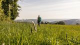 Frau in Wiese unterwegs auf dem Kammweg Erzgebirge-Vogtland