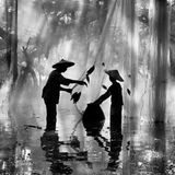 interessante Linienführung der Licht- und Netzstrukturen, Scherenschnitthafte Silhouette der Abgebildeten