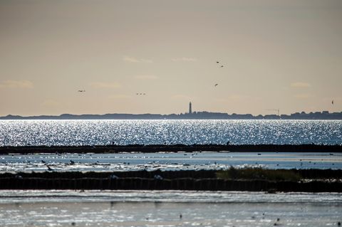 Nordsee mit Leuchtturm in Hörnum am Horizont