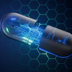Illustration einer Pille mit technoider Anmutung