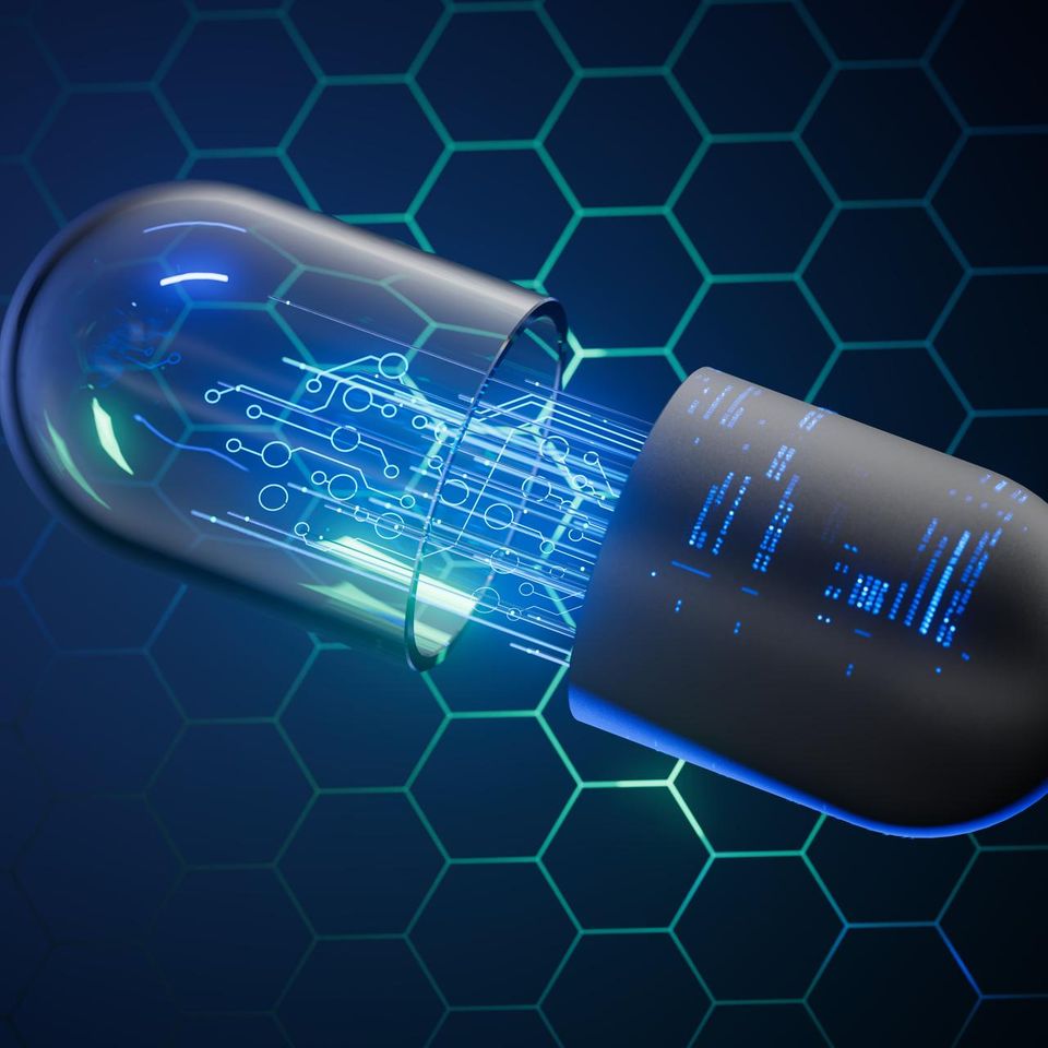Illustration einer Pille mit technoider Anmutung