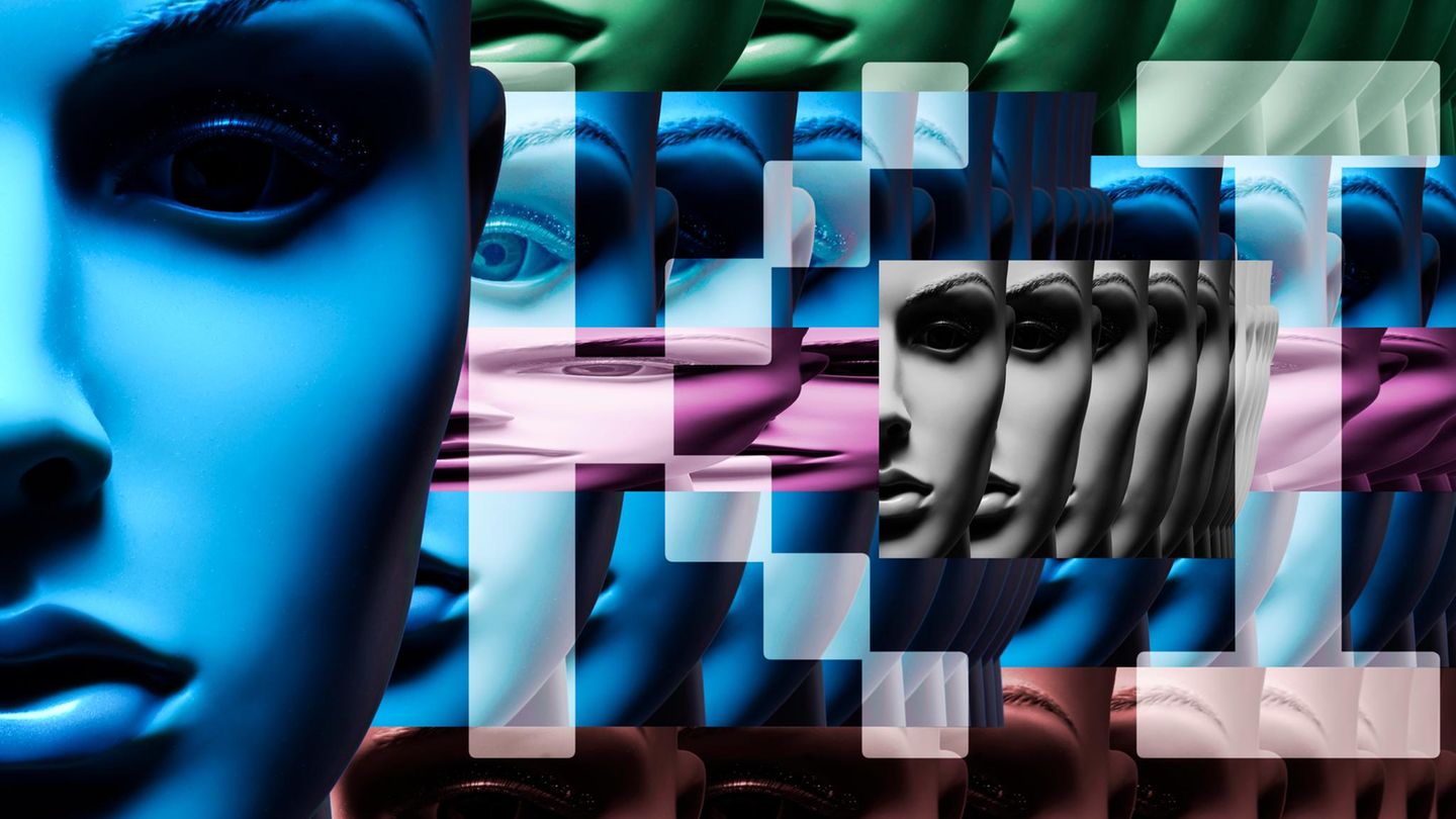 Gesicht einer Schaufensterpuppe mit Schriftzug KI, Symbolfoto Künstliche Intelligenz, Fotomontage