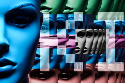 Gesicht einer Schaufensterpuppe mit Schriftzug KI, Symbolfoto Künstliche Intelligenz, Fotomontage