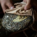 Hände halten Pu-Erh-Kuchen