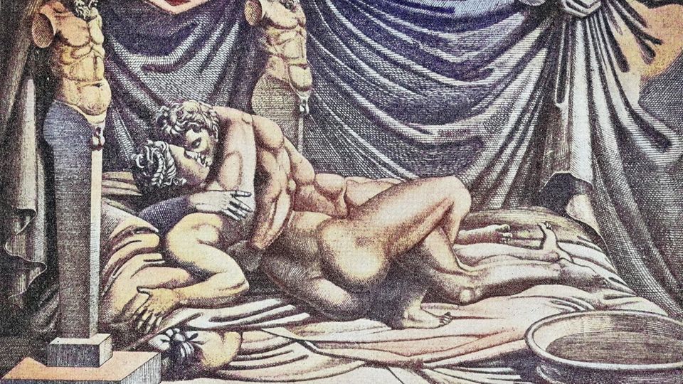 Mann und Frau nackt auf dem Bett beim Liebesakt, Erotik, veröffentlicht in einem Buch von Aretino, Pietro Aretino, 1492 - 1556