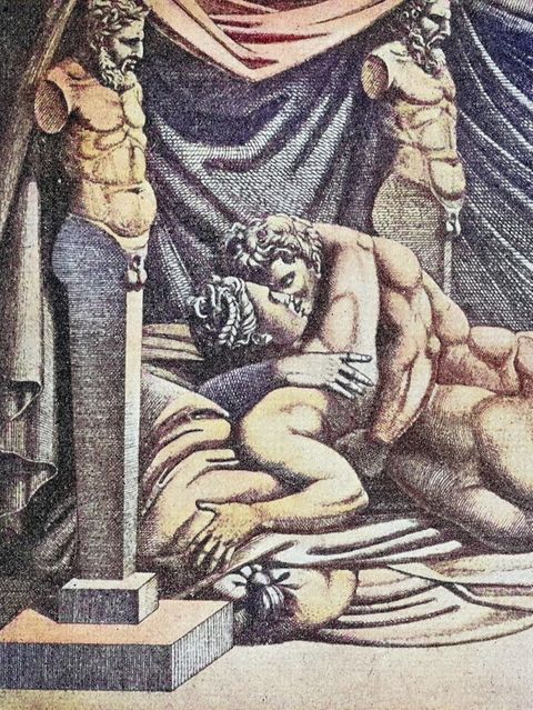 Mann und Frau nackt auf dem Bett beim Liebesakt, Erotik, veröffentlicht in einem Buch von Aretino, Pietro Aretino, 1492 - 1556