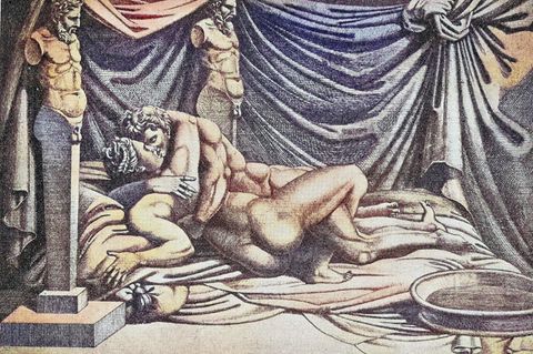 Mann und Frau nackt auf dem Bett beim Liebesakt, Erotik, veröffentlicht in einem Buch von Aretino, Pietro Aretino, 1492 - 1556