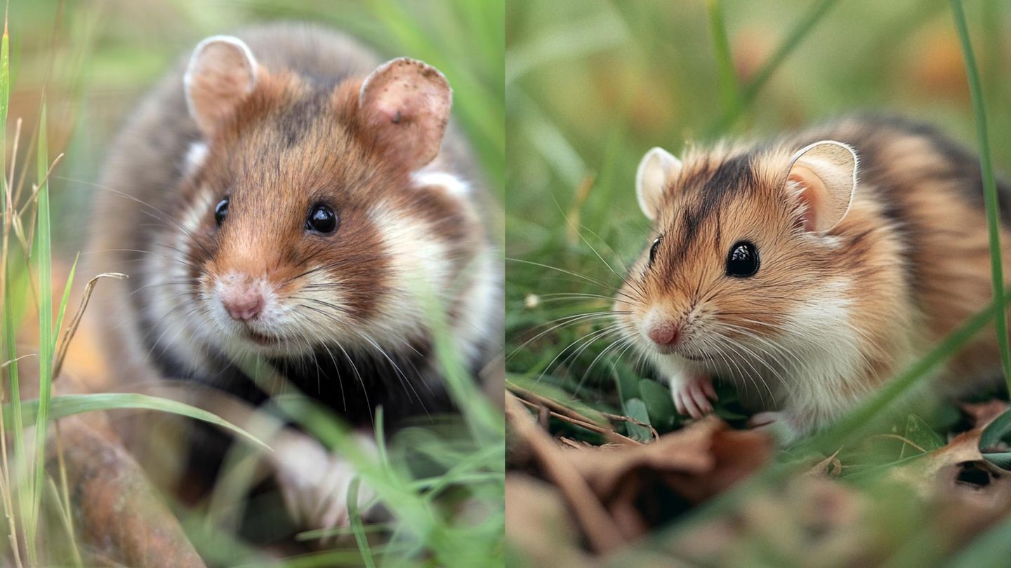 Die KI-Darstellung (r.) des Feldhamsters ähnelt eher einem Goldhamster. Das echte Tier (l.) ist deutlich größer und massiger, der Kopf ist länger und läuft zur Nase hin spitzer zu. Auch die arttypische braun-weiße Fellmusterung ist deutlich dunkler und kontrastreicher, als es die KI entwirft. Die Unterseite ist bei Feldhamstern schwarz gefärbt, beim KI-generierten Tier ist dort weißes Fell sichtbar. In diesem Beispiel wird die Neigung der KI zur Verniedlichung deutlich: Augen und Kopf sind im KI-Bild klar überproportioniert
