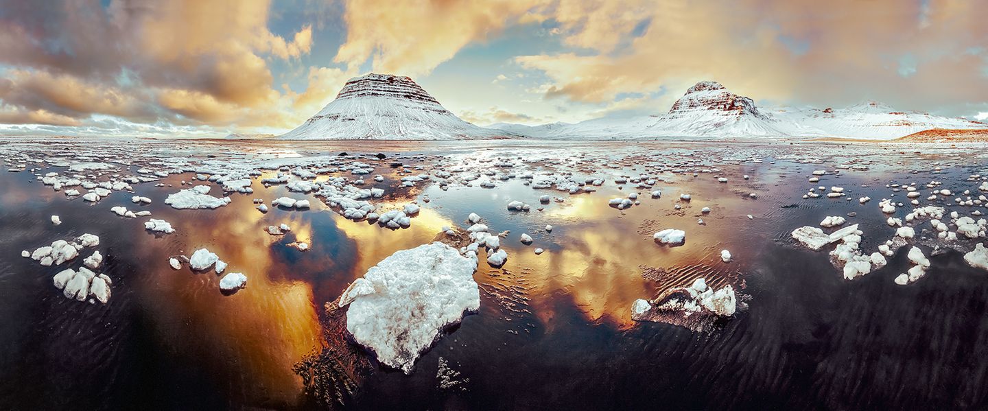 Winterlicher Blick auf den Berg Kirkjufell, Snæfellsnes, Island