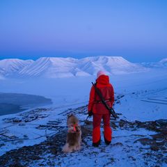 Der Aufstieg zum Platafjellet ist steil, doch die Mühe lohnt sich: Vom Gipfel des Tafelbergs öffnet sich ein atemberaubender Blick auf Longyearbyen. Immer mit dabei – ein Gewehr. "Hier auf Spitzbergen wagen wir uns nie ohne Schusswaffe in die Wildnis", erzählt Auswanderin Cecilia Blomdahl. Denn im Notfall könnte sie der einzige Schutz vor Eisbären sein. Schließlich kann man den mächtigen Tieren hier jederzeit begegnen. Als Blomdahl ihren Umzug vorbereitete, erschien ihr der Gedanke, für jeden Spaziergang eine Waffe mitzunehmen, noch befremdlich. Heute gehört es zum Alltag. Die Mitnahme von Waffe, Signalstift und Leuchtpistole ist auf Spitzbergen sogar vom Gouverneursbüro vorgeschrieben – nicht zum Jagen, sondern zur Abschreckung. Ein Schuss darf nur in lebensbedrohlichen Situationen fallen. Wird dabei tatsächlich ein Tier getötet, folgt stets eine gründliche Untersuchung.