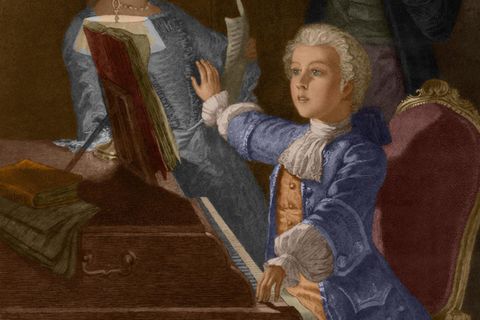 Der junge Wolfgang Amadeus Mozart mit seinem Vater Leopold und seiner Schwester Marie-Anne