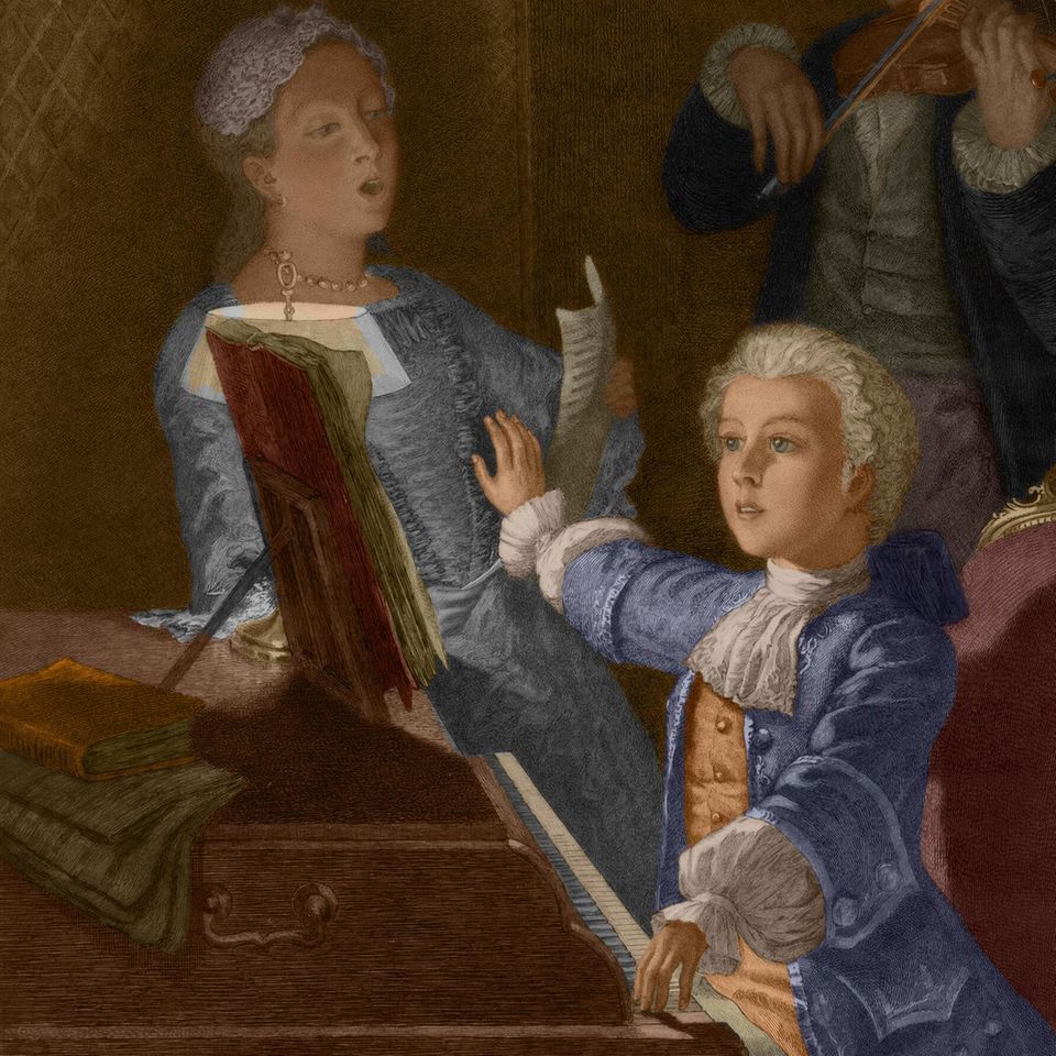Der junge Wolfgang Amadeus Mozart mit seinem Vater Leopold und seiner Schwester Marie-Anne