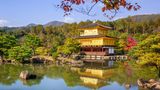 Goldener Pavillon, im Hintergrund dichtes Grün, im Vordergrund Teich mit Spiegelung